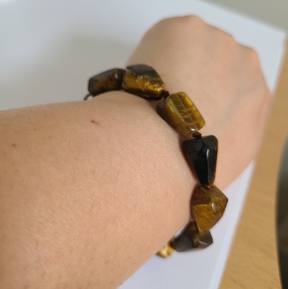Vintage Boho Chunky Brown Tiger's Eye Gemstone Adjustable Beaded String Bracelet - Picture 6 of 7